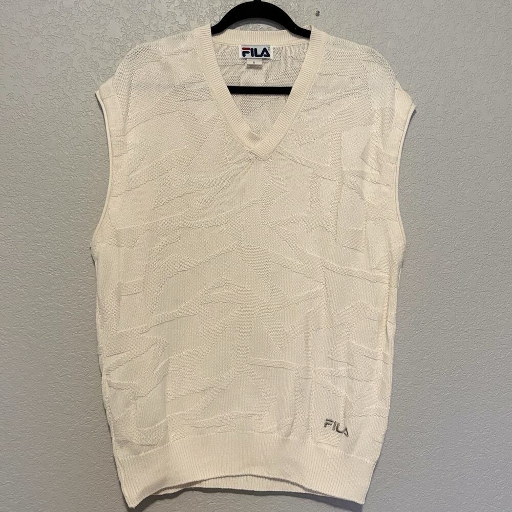 Vintage 90s FILA Men’s Sweater Vest Tennis V Neck Geometric Ivory Size M - Picture 2 of 6